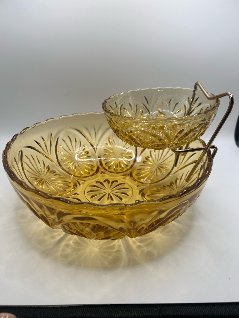 Vintage Anchor Hocking Amber Glass Chip & Dip Set, Star Cameo Pinwheel Pattern